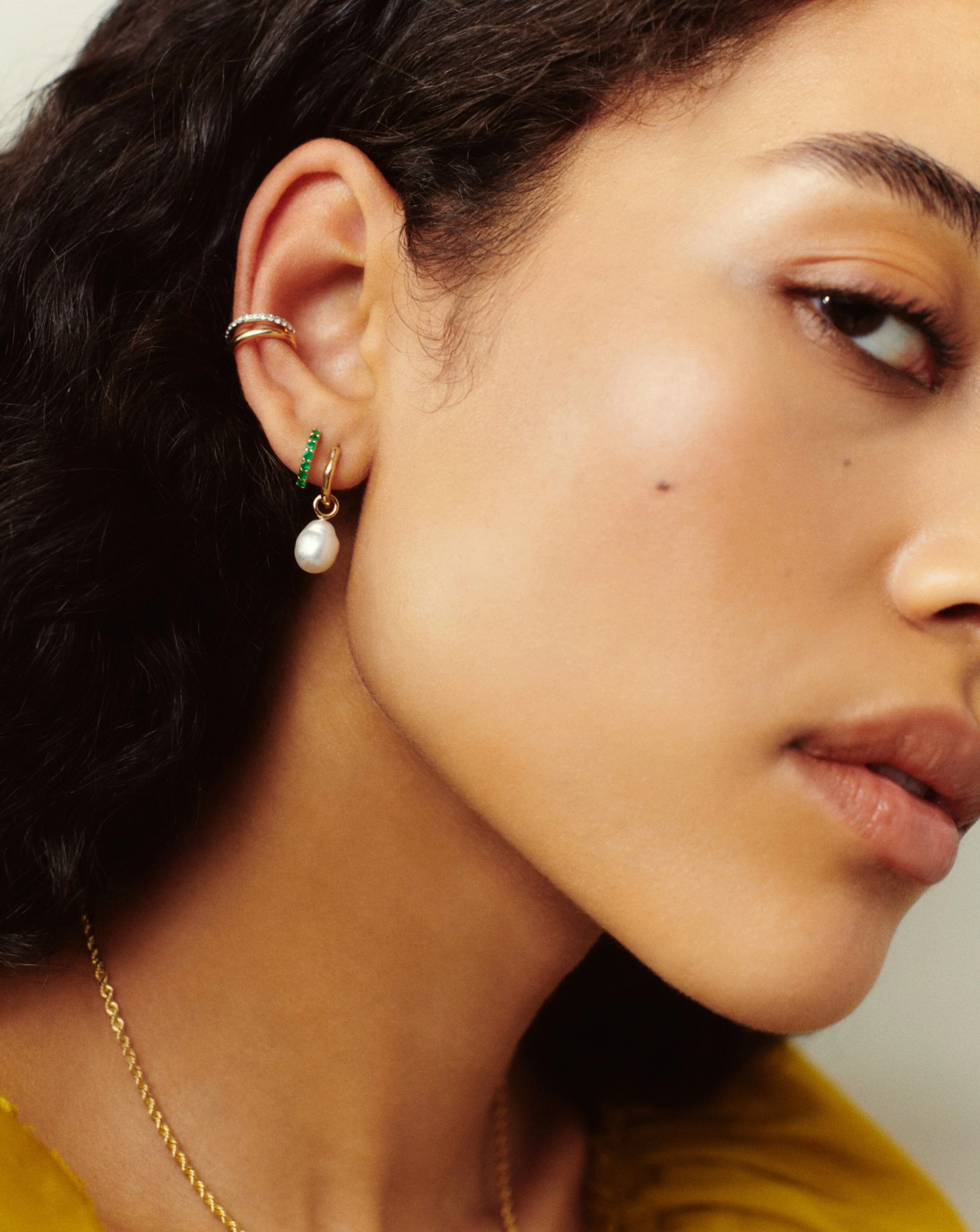 Solid Gold Pearl Drop Mini Hoop Earrings - Image 6