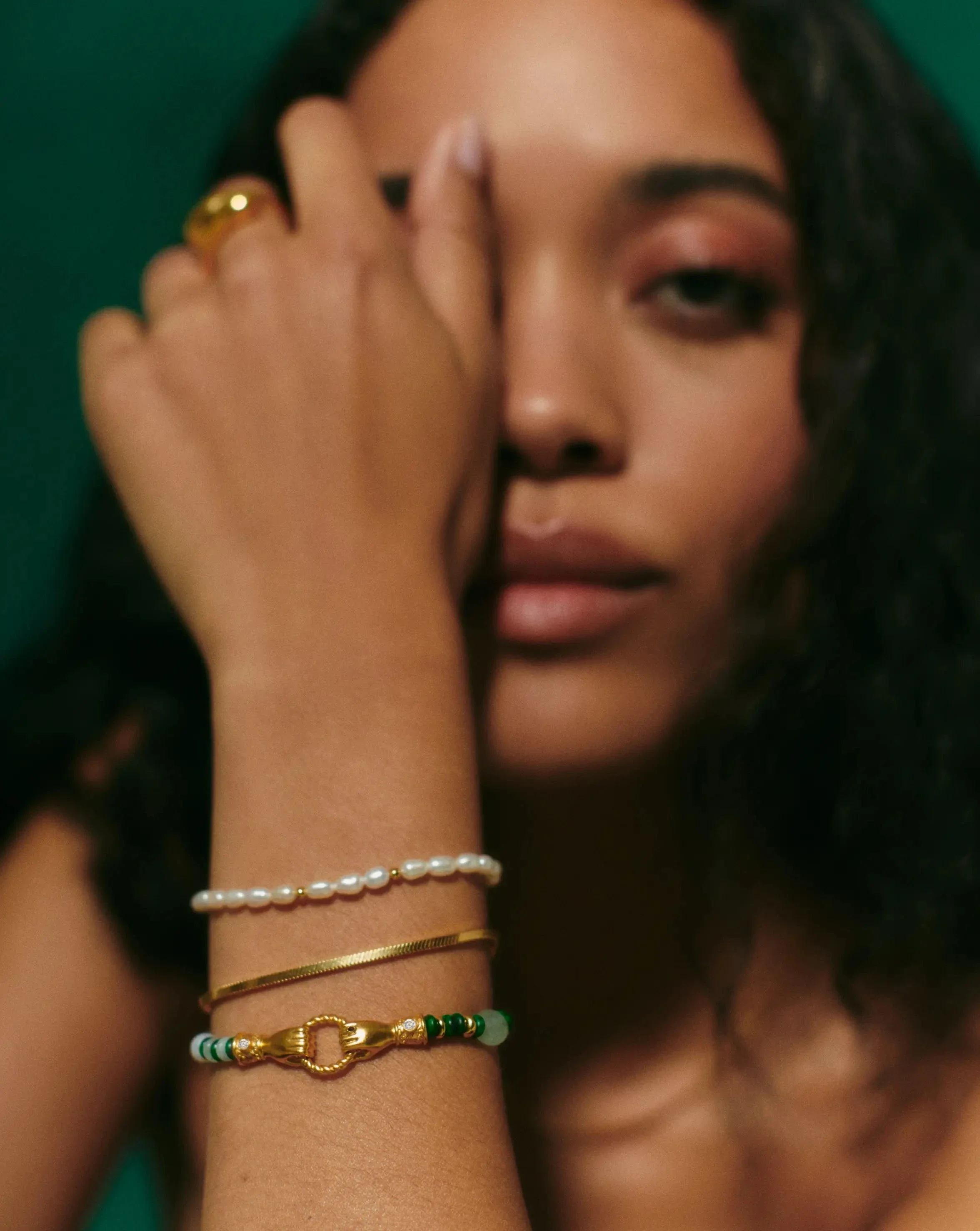 Harris Reed In Good Hands Beaded Gemstone Bracelet | 18k Gold Plated/Multi Green Gemstone & Pearl - Image 3