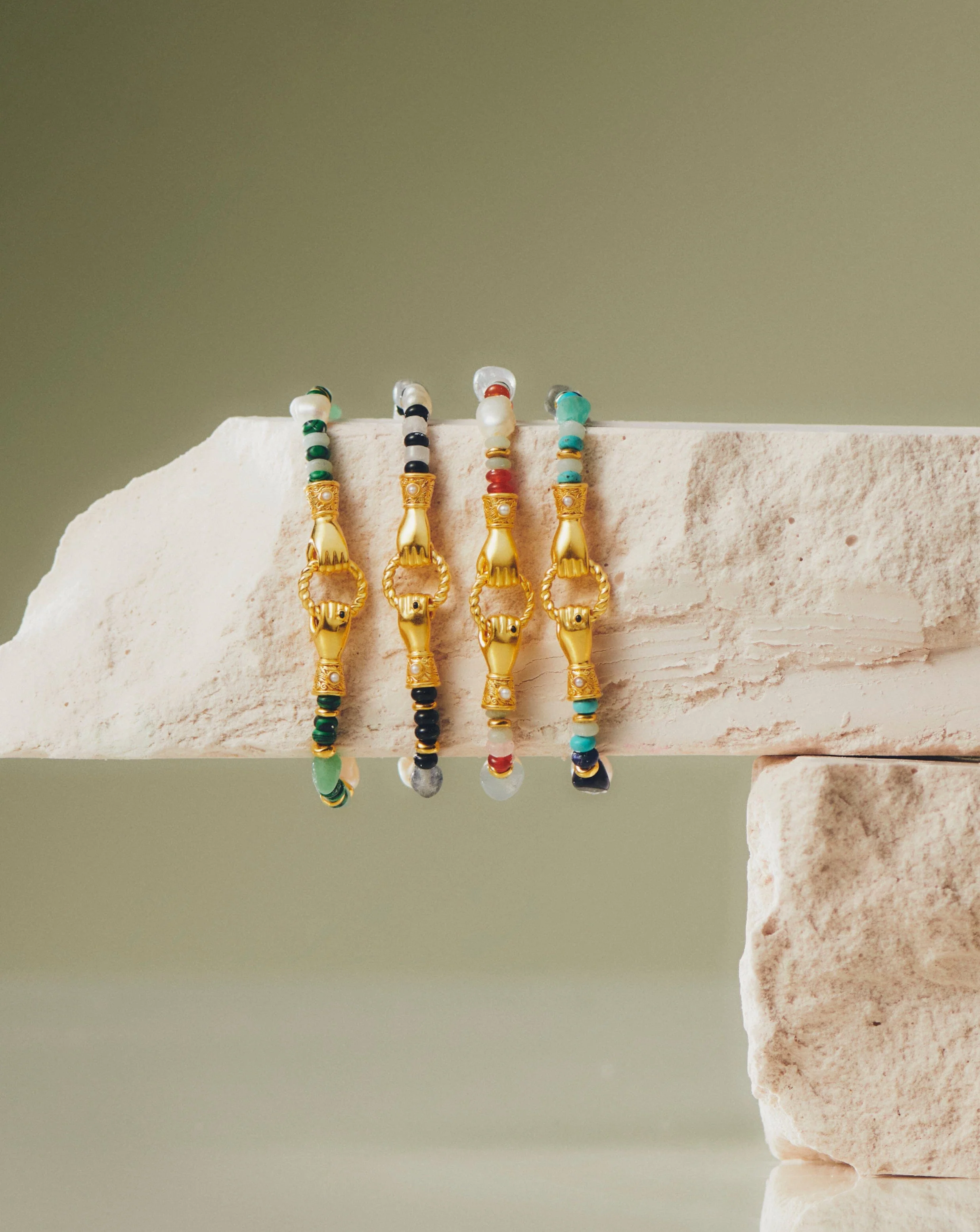 Harris Reed In Good Hands Beaded Gemstone Bracelet | 18k Gold Plated/Multi Green Gemstone & Pearl - Image 4