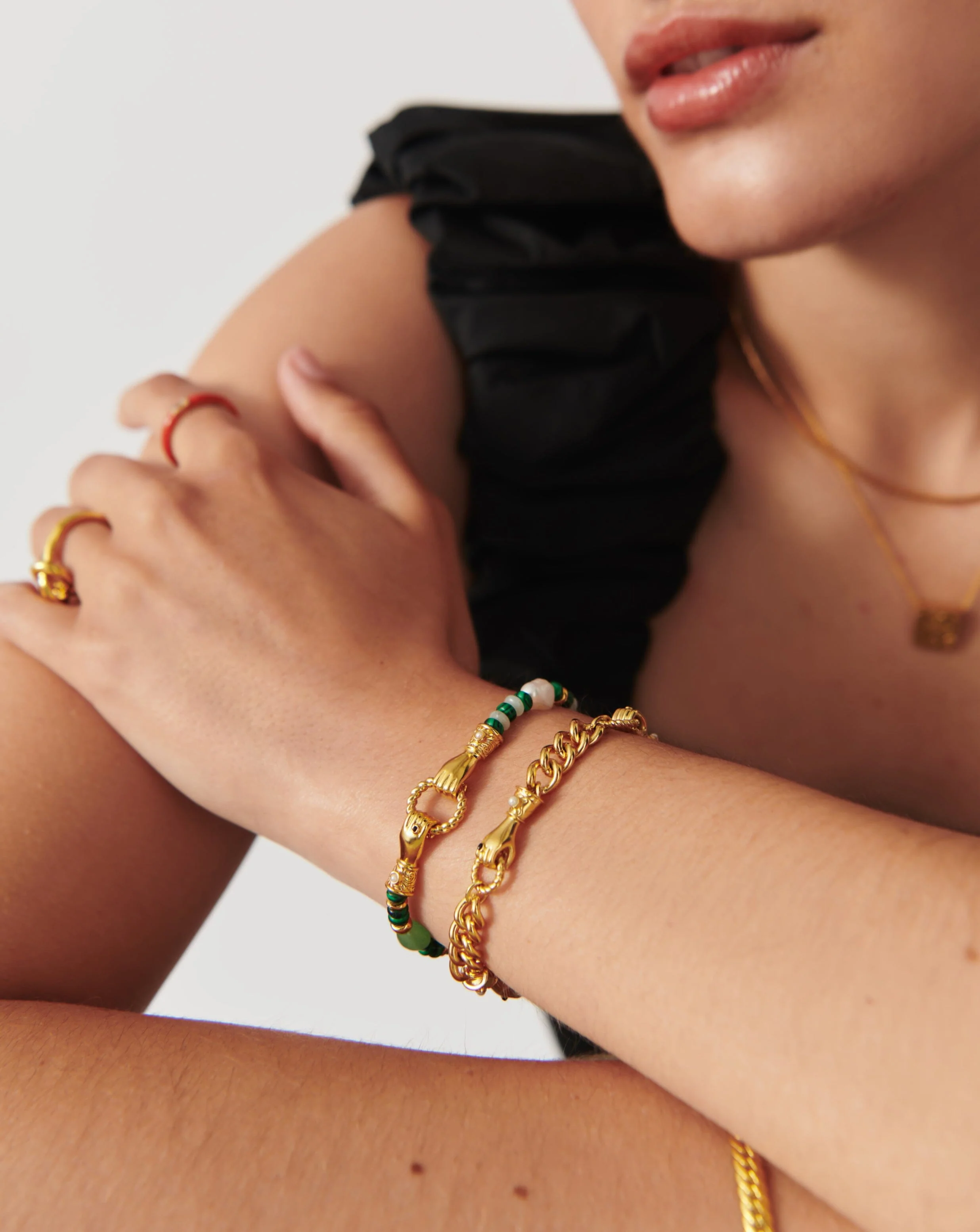 Harris Reed In Good Hands Beaded Gemstone Bracelet | 18k Gold Plated/Multi Green Gemstone & Pearl - Image 6