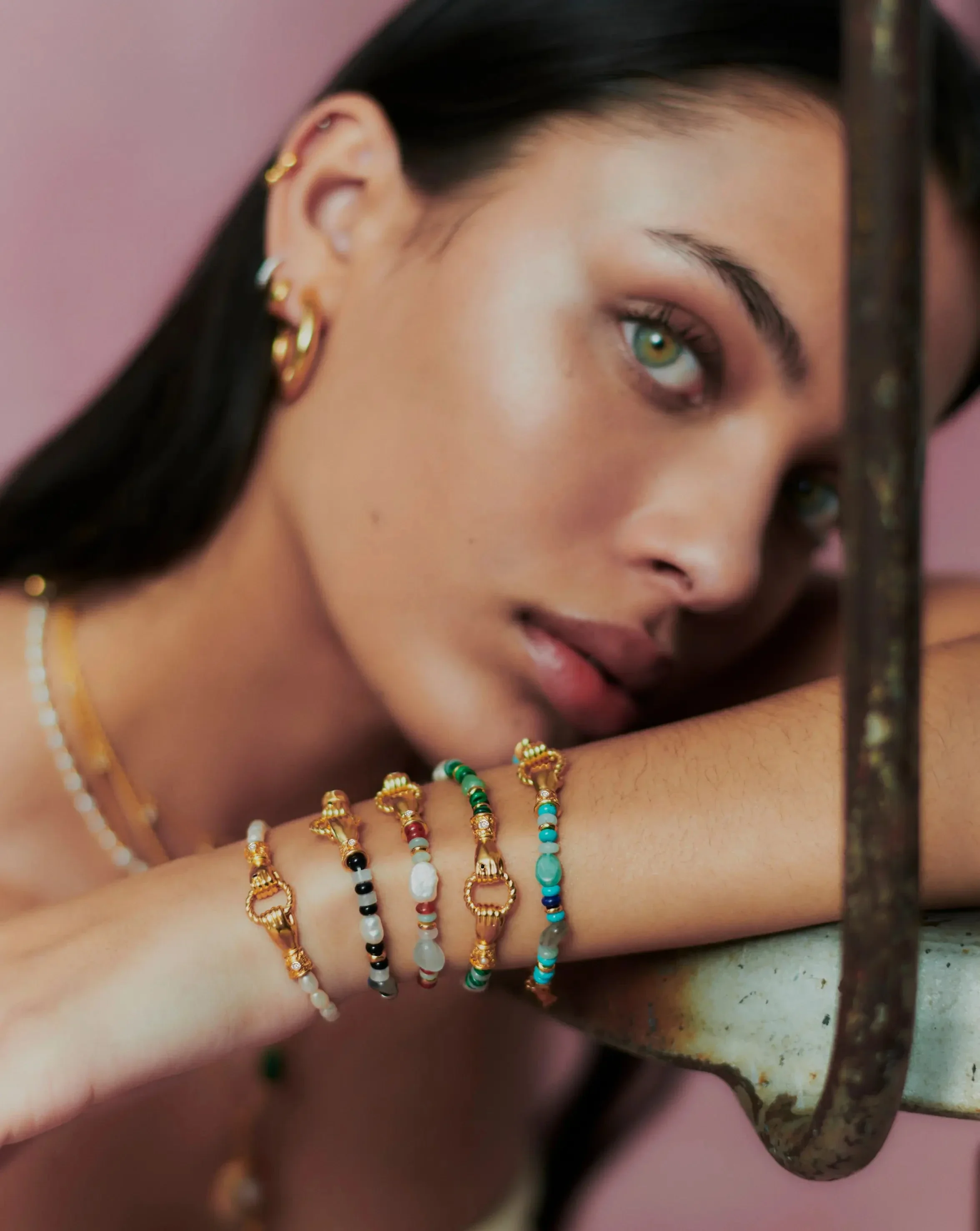 Harris Reed In Good Hands Beaded Gemstone Bracelet | 18k Gold Plated/Multi Green Gemstone & Pearl - Image 7