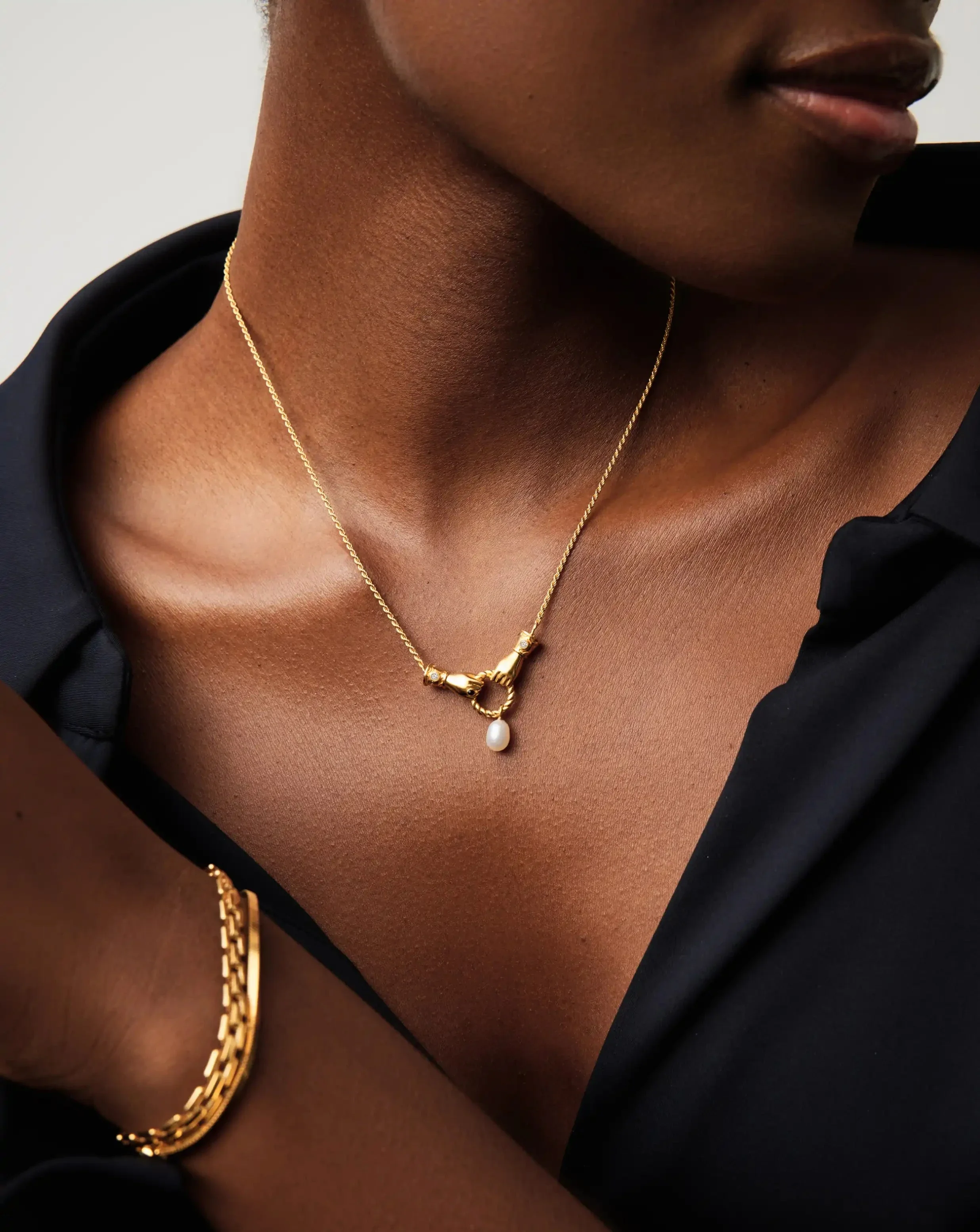 Harris Reed In Good Hands Drop Pendant Necklace | 18k Gold Plated/Pearl & Black Onyx - Image 3